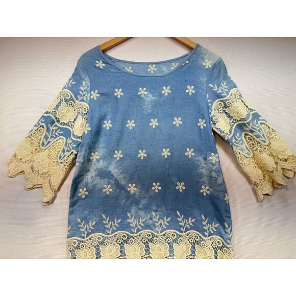 Vintage Womens Floral Crochet Embroidered Shift Dress Size S Blue Lace Boho - Picture 3 of 13